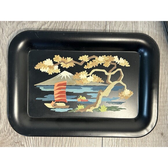Vintage Black Metal Tole Ware Snack Bridge Trays With Matching Holder Caddy READ - Picture 4 of 8